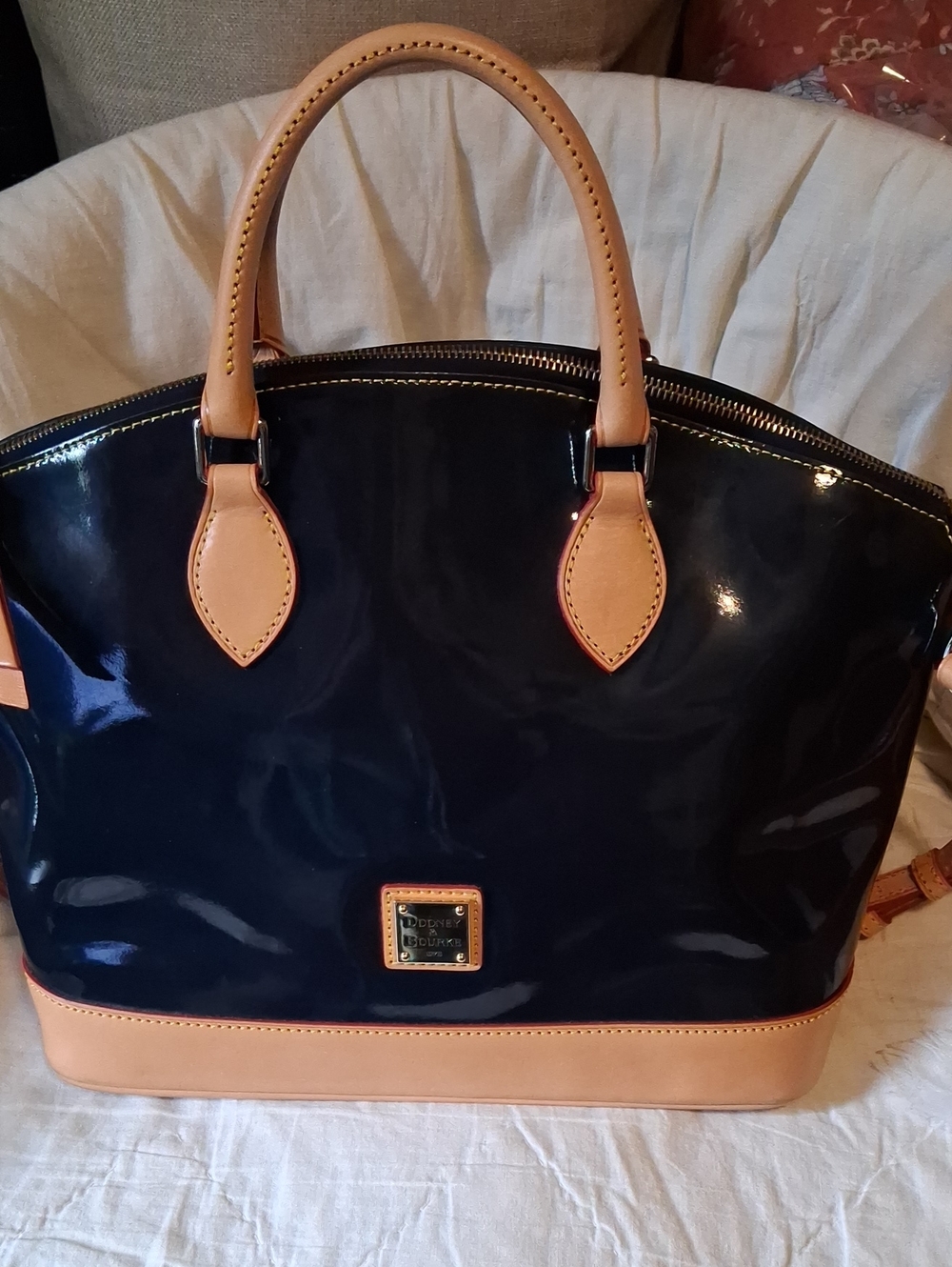 Dooney & Bourke Dark Blue Patent Tote with Tan Trim and Handles W/wristlet